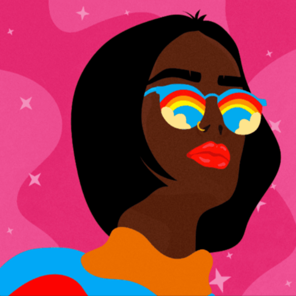 Cartoon image of a Black woman with a nose ring and a pink background